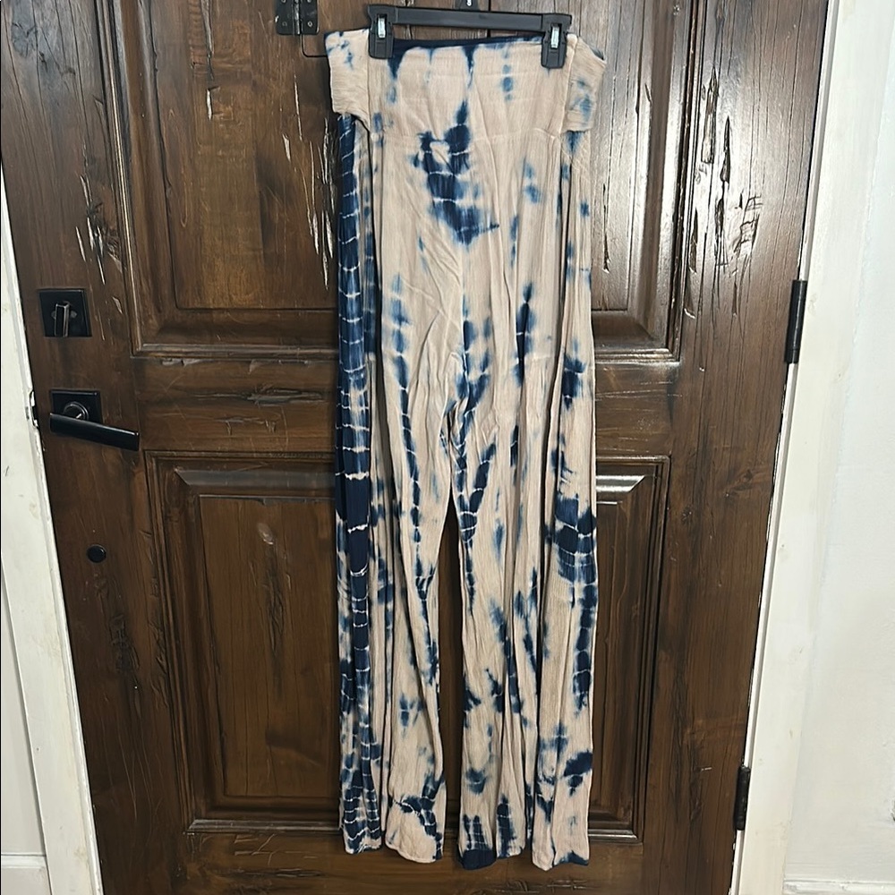 Blue and Cream Tie-Dye Wide-Leg Pants - Picture 5 of 7